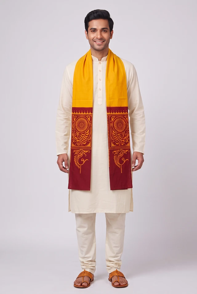 Shantiniketan Plain Batik Cotton Uttorio – Mustard Yellow & Maroon