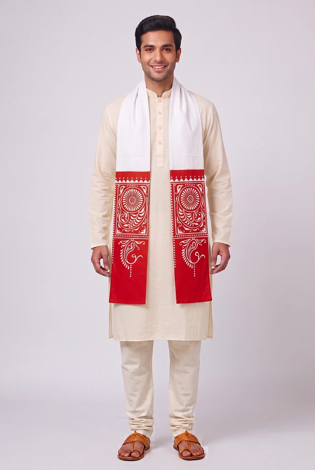 Shantiniketan Plain Batik Cotton Uttorio – White & Red
