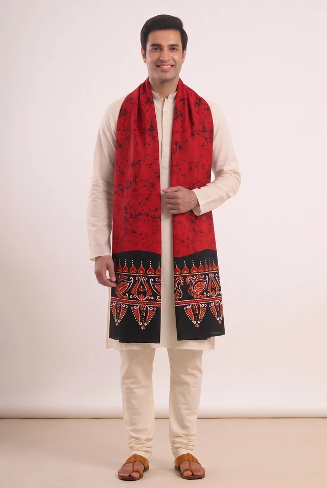 Shantiniketan Hand-Painted Batik Cotton Uttorio – Red & Black