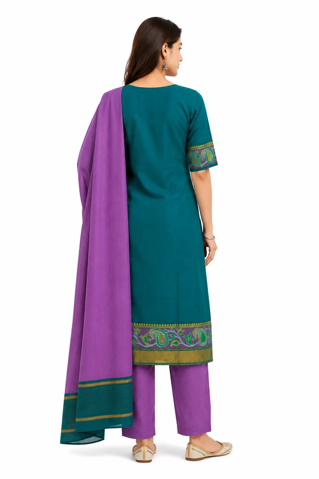 Women’s Pochampally Pure Khadi Cotton Kurta Set | Teal Blue Kurta with Salwar & Dupatta | Traditional Ethnic Wear - L