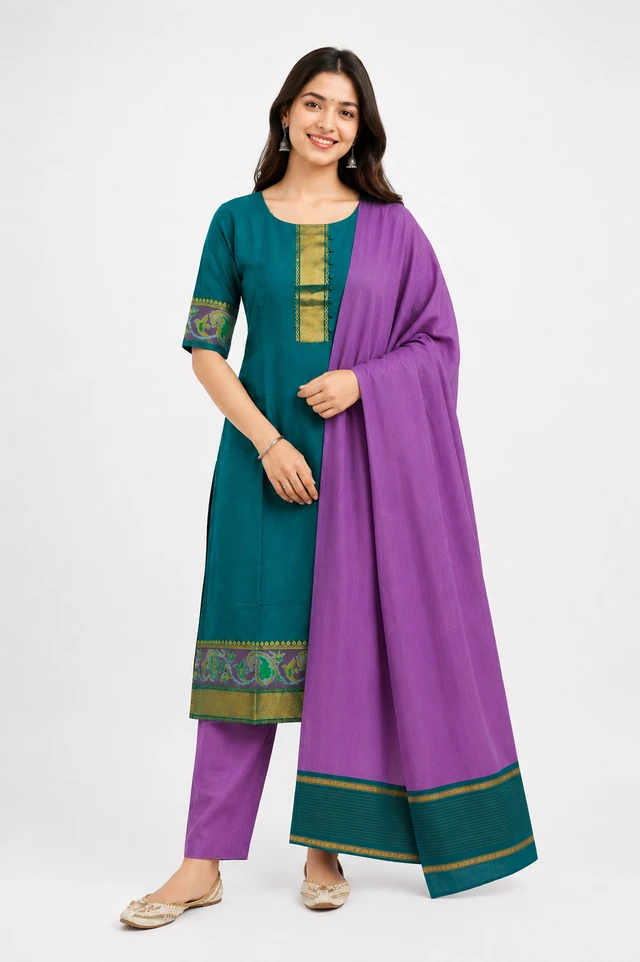 Women’s Pochampally Pure Khadi Cotton Kurta Set | Teal Blue Kurta with Salwar & Dupatta | Traditional Ethnic Wear - L