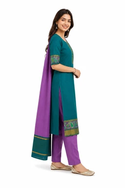 Women’s Pochampally Pure Khadi Cotton Kurta Set | Teal Blue Kurta with Salwar & Dupatta | Traditional Ethnic Wear - L