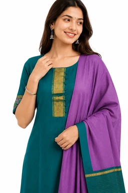 Women’s Pochampally Pure Khadi Cotton Kurta Set | Teal Blue Kurta with Salwar & Dupatta | Traditional Ethnic Wear - L