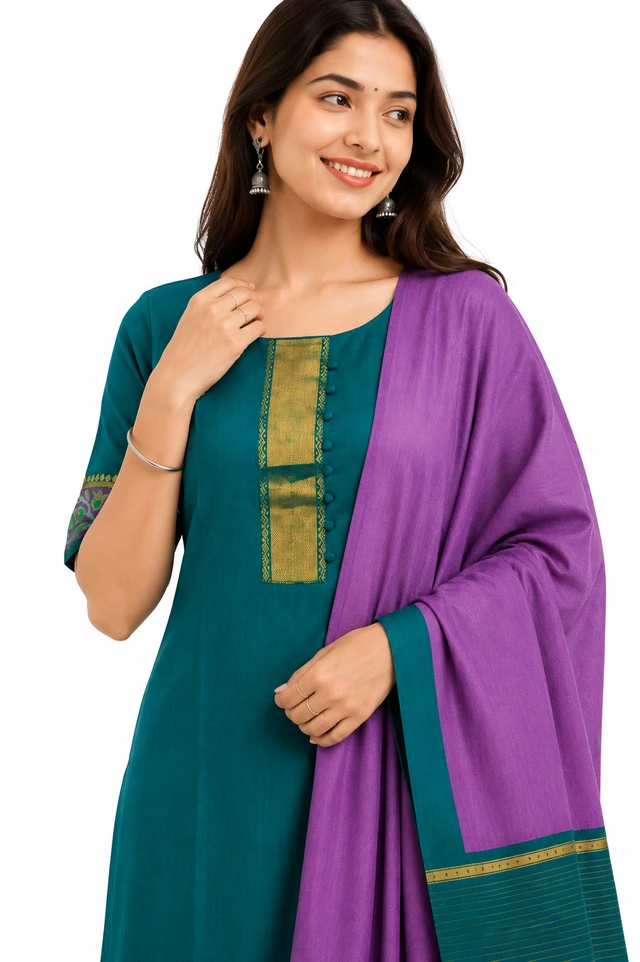 Women’s Pochampally Pure Khadi Cotton Kurta Set | Teal Blue Kurta with Salwar & Dupatta | Traditional Ethnic Wear - L