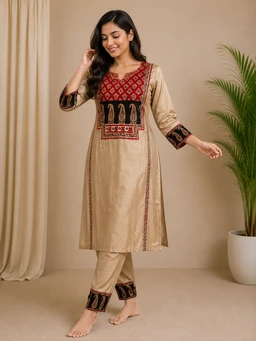 Women’s Beige Soft Silk Printed Kurta | Traditional Embroidered Style Straight Kurti with 3/4 Sleeves - L