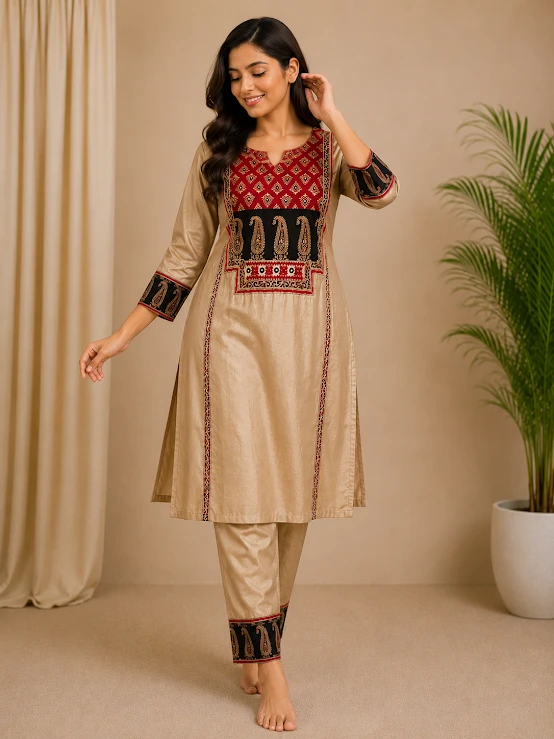 Women’s Beige Soft Silk Printed Kurta | Traditional Embroidered Style Straight Kurti with 3/4 Sleeves - L