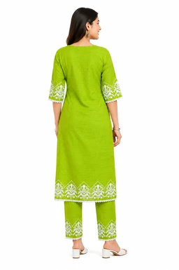 Women’s Green Cotton Kurta Pant Set with Thread Work | Embroidered Straight Kurta & Pant | Ethnic Wear - L