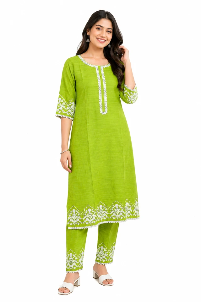 Women’s Green Cotton Kurta Pant Set with Thread Work | Embroidered Straight Kurta & Pant | Ethnic Wear - L