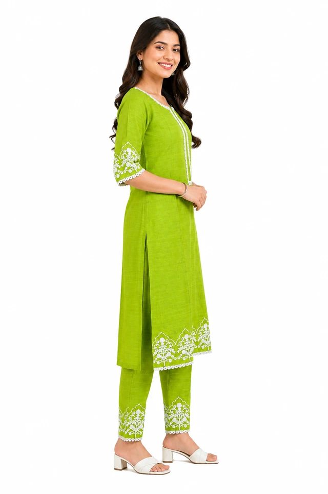 Women’s Green Cotton Kurta Pant Set with Thread Work | Embroidered Straight Kurta & Pant | Ethnic Wear - L