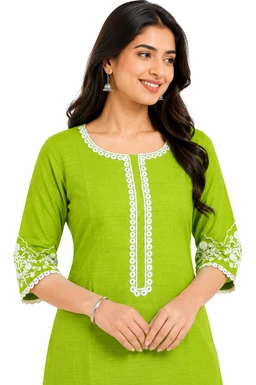 Women’s Green Cotton Kurta Pant Set with Thread Work | Embroidered Straight Kurta & Pant | Ethnic Wear - L