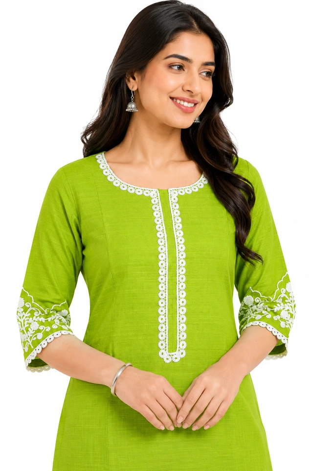 Women’s Green Cotton Kurta Pant Set with Thread Work | Embroidered Straight Kurta & Pant | Ethnic Wear - L