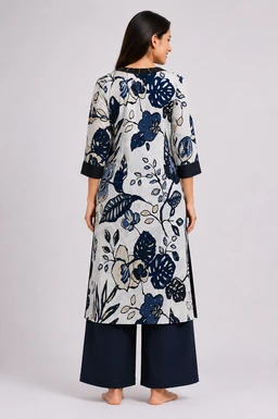 Women’s Cotton Floral Printed Kurta with Thread Work – Navy Blue & White - XXL