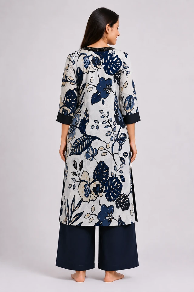 Women’s Cotton Floral Printed Kurta with Thread Work – Navy Blue & White - XXL