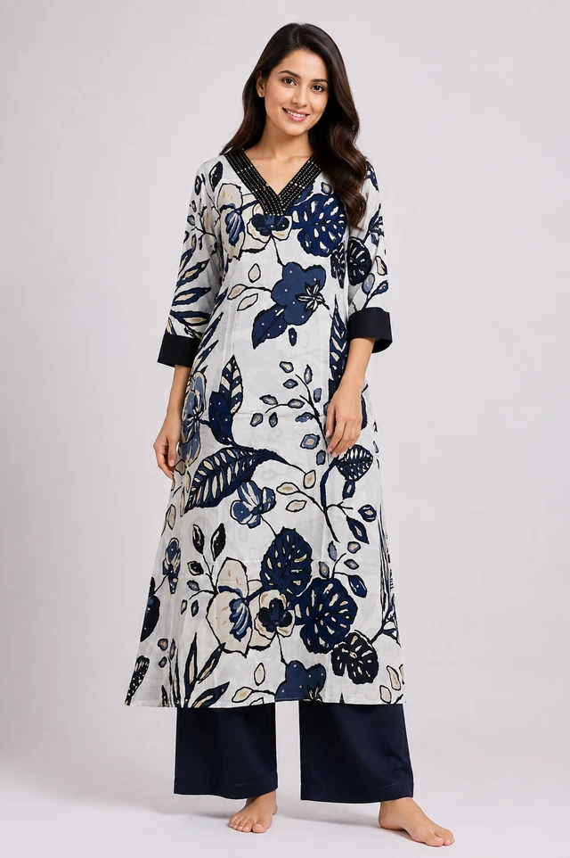 Women’s Cotton Floral Printed Kurta with Thread Work – Navy Blue & White - XXL