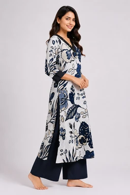 Women’s Cotton Floral Printed Kurta with Thread Work – Navy Blue & White - XXL