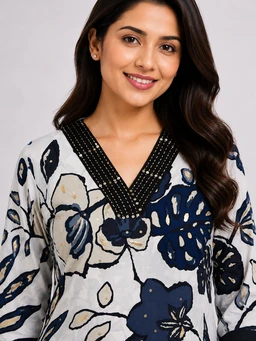 Women’s Cotton Floral Printed Kurta with Thread Work – Navy Blue & White - XXL