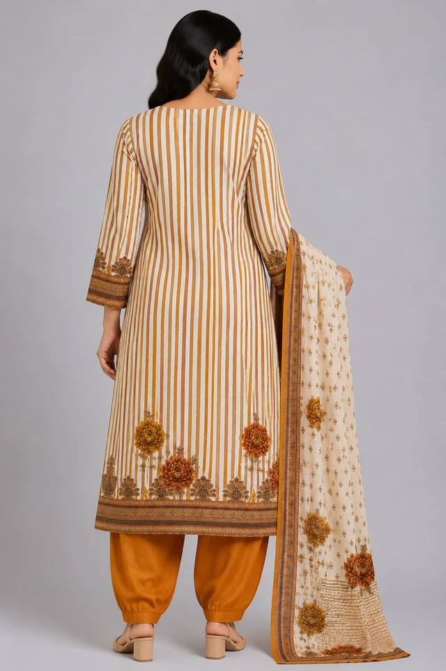 Women’s Mustard & Ivory Cotton Kurta Set with Thread Work Border | Floral Printed Ethnic Wear Set - L