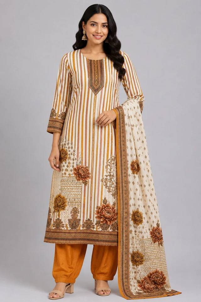 Women’s Mustard & Ivory Cotton Kurta Set with Thread Work Border | Floral Printed Ethnic Wear Set - L
