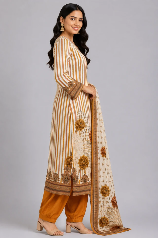 Women’s Mustard & Ivory Cotton Kurta Set with Thread Work Border | Floral Printed Ethnic Wear Set - L