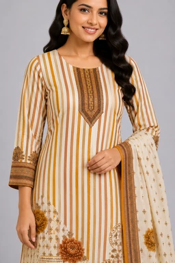 Women’s Mustard & Ivory Cotton Kurta Set with Thread Work Border | Floral Printed Ethnic Wear Set - L