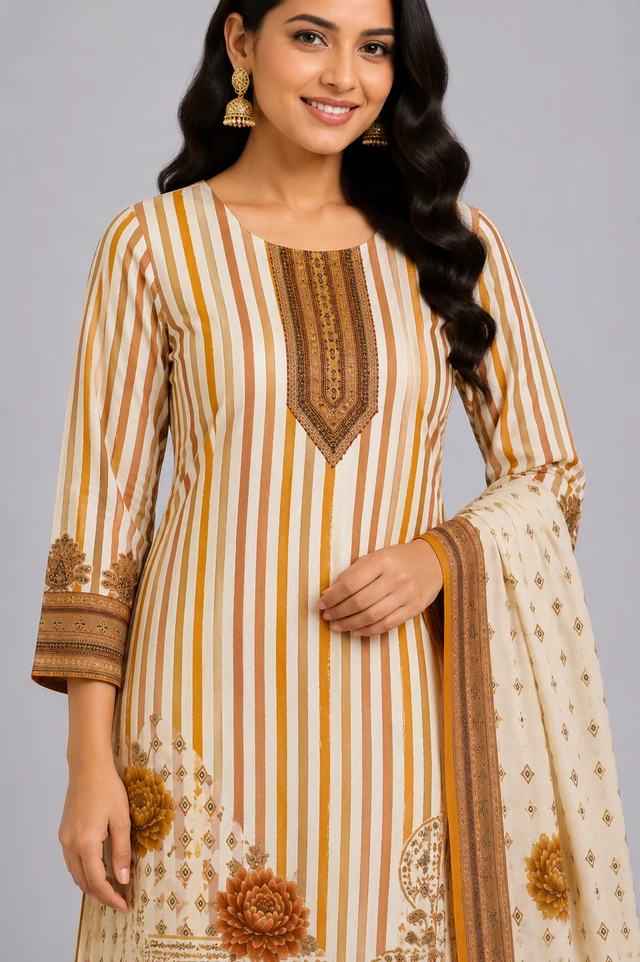 Women’s Mustard & Ivory Cotton Kurta Set with Thread Work Border | Floral Printed Ethnic Wear Set - L