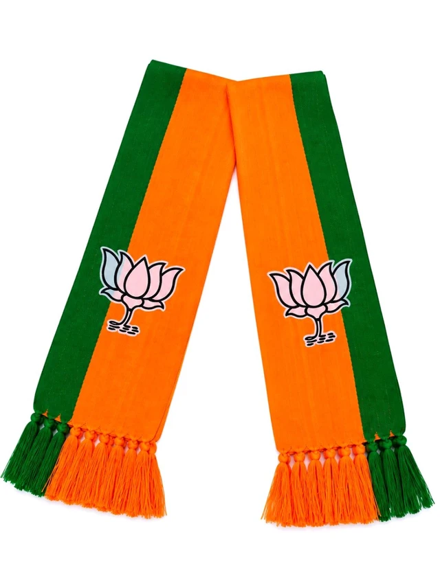 BJP Political Cotton Silk Stole / Uttariya with Lotus Print & Dual-Color Tassels – Saffron & Green