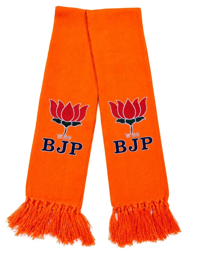 BJP Political Saffron Uttariya / Stole with High-Definition 3D Lotus Print & Matching Fringe Tassels