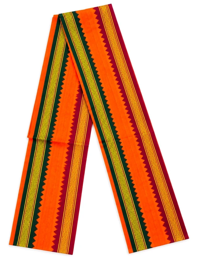 Traditional Satin Silk Temple Border Uttariya / Angavastram – Saffron with Green, Yellow & Maroon Border