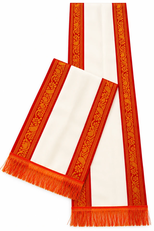 Uttorio White Red & Golden Satin Uttorio with Fringe – Premium Traditional Ceremonial Uttorio