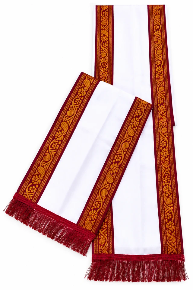 Uttorio White Satin Maroon & Golden Traditional Uttorio with Fringe – Premium Ceremonial Uttorio