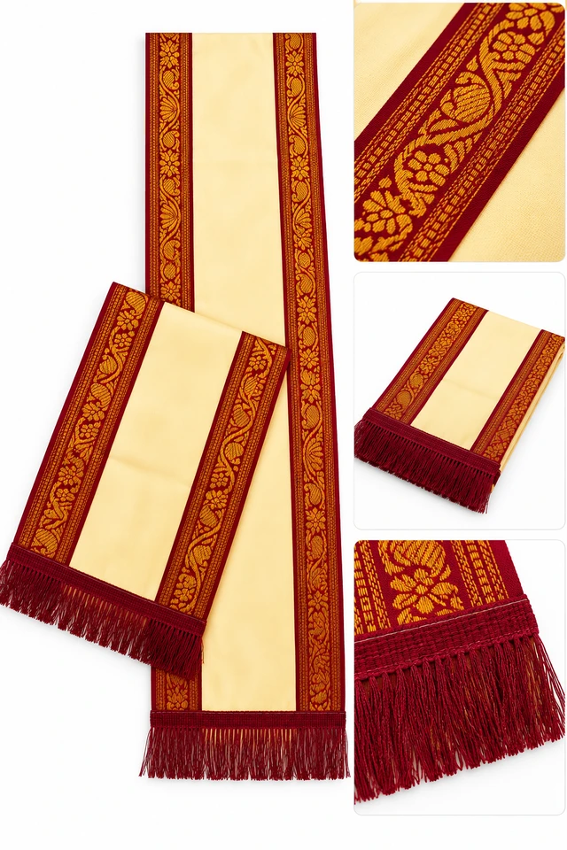Uttorio Premium Maroon & Golden Satin Uttorio with Fringe – Traditional Ceremonial Uttorio