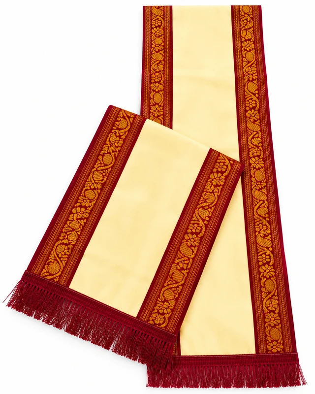 Uttorio Premium Maroon & Golden Satin Uttorio with Fringe – Traditional Ceremonial Uttorio