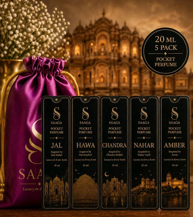 SAAGA POCKET PERFUME INSPIRED BY JAIPUR HERITAY PACK OF 5 PIECES 20 ML EACH WITH PERMIUM POTALI BAG FREE