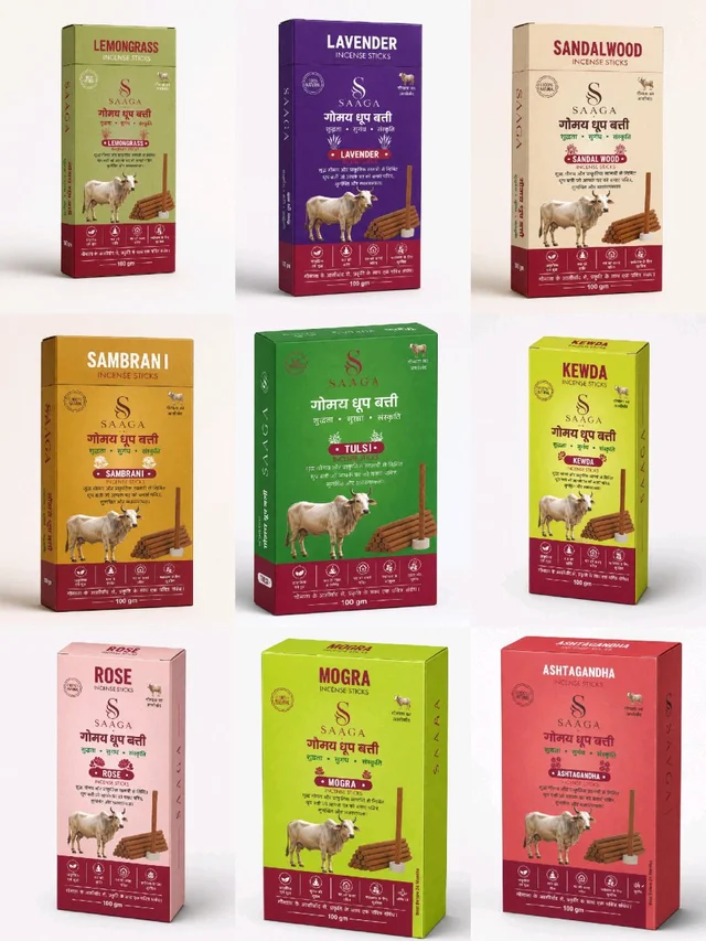 SAAGA COW DUNG DHOOP STICKS COMBO PACK OF 9 PCS IN 9 DIFFERENT FREGNANCE 100 GM EACH BOX