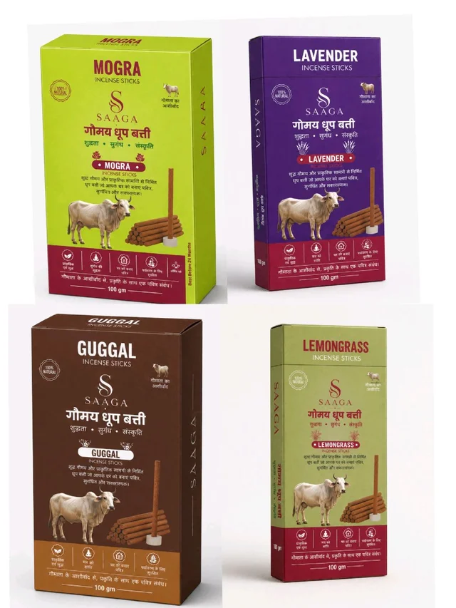 SAAGA COW DUNG DHOOP STICKS COMBO PACK OF 4 - 8
