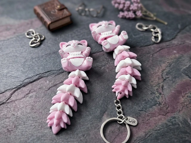Fluffy Tail Cute Flexi Cat Keychain