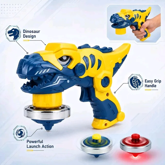 Manvik Toys Dino Spinner Gun Toy with Powerful Launch Action & 2 Tops