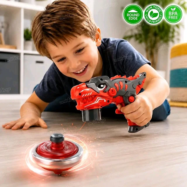 Manvik Toys Dino Spinner Gun Toy with Powerful Launch Action & 2 Tops