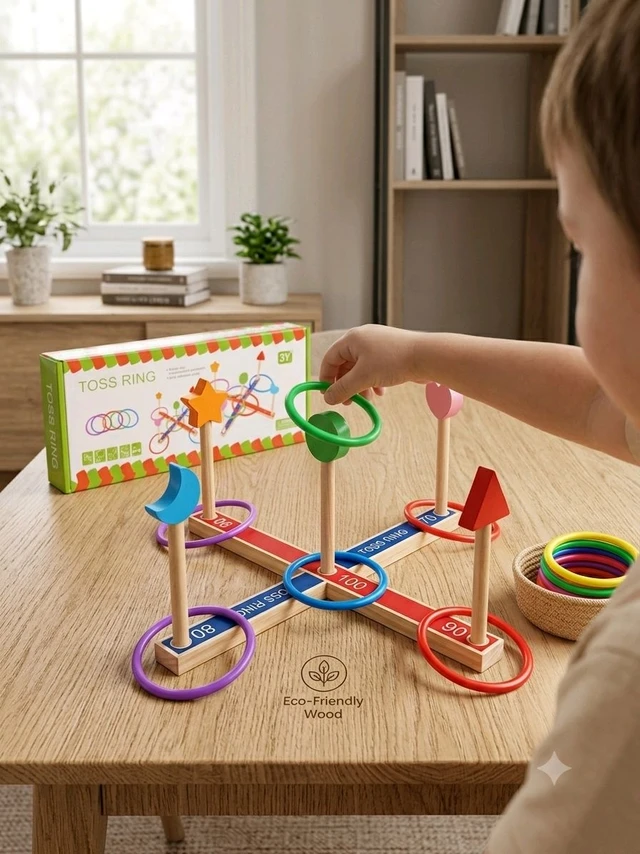 Classic Wooden Ring Toss Game with Colorful Plastic Rings