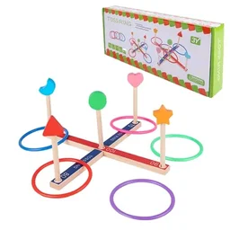 Classic Wooden Ring Toss Game with Colorful Plastic Rings