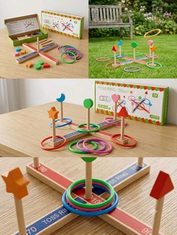 Classic Wooden Ring Toss Game with Colorful Plastic Rings