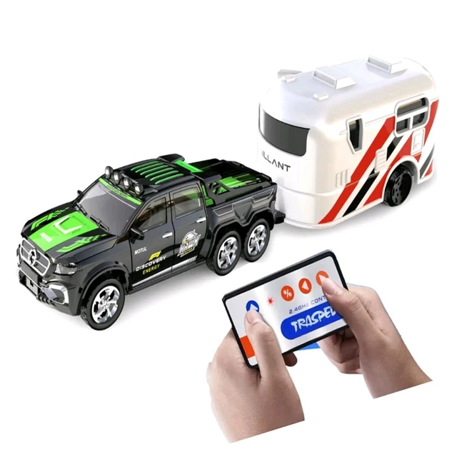Premium Die-Cast Metal Mini 2.4GHz RC 6x6 Pickup Truck with Detachable Camper Trailer