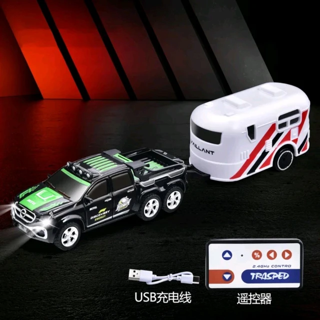 Premium Die-Cast Metal Mini 2.4GHz RC 6x6 Pickup Truck with Detachable Camper Trailer