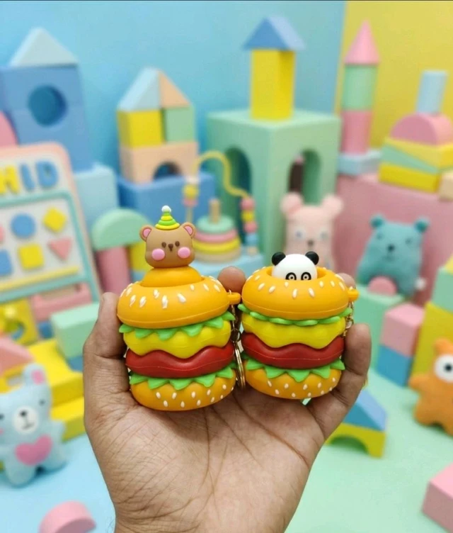 Cute Pop-Up Animal Burger Keychain - Squishy Squeeze Fidget Toy & Bag Charm (Pack of 1)