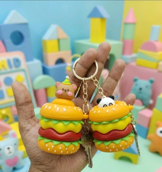 Cute Pop-Up Animal Burger Keychain - Squishy Squeeze Fidget Toy & Bag Charm (Pack of 1)