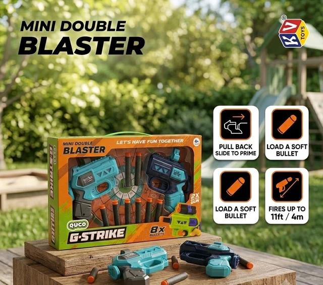 Mini Double Blaster G-Strike Set | 2-in-1 Soft Bullet Toy Guns with Target