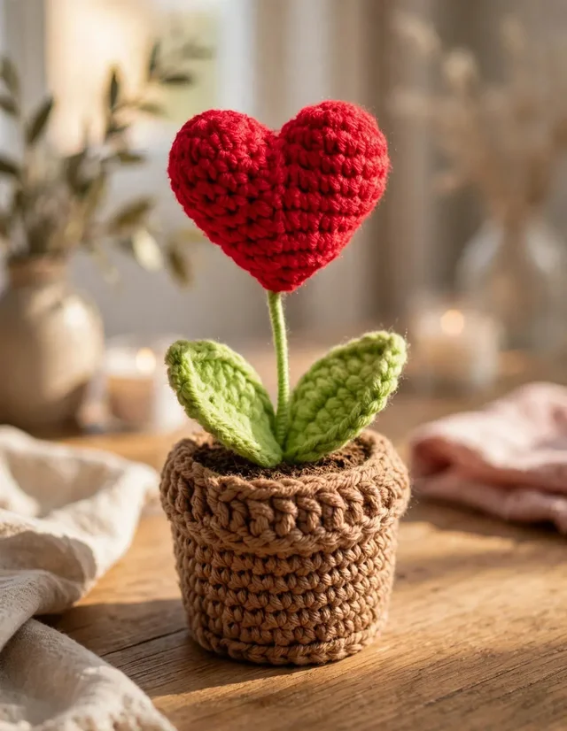 Hurrtale Handmade Crochet Heart Plant with Pot