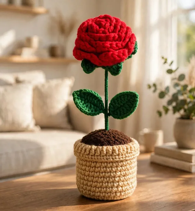 Hurrtale Handmade Crochet Rose Plant with Pot