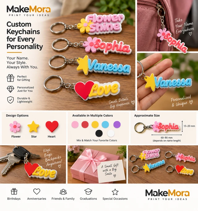 Custom Name Keychain – Flower, Star & Heart