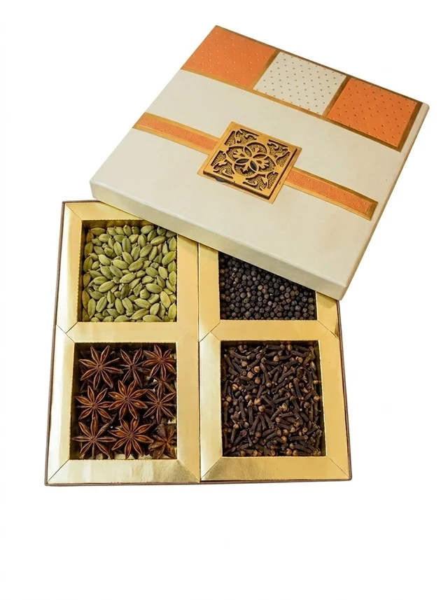 Premium Gift Box 4 Compartments|Perfect for Gifting|Spices Cardamom, Pepper,Star anise, Cloves